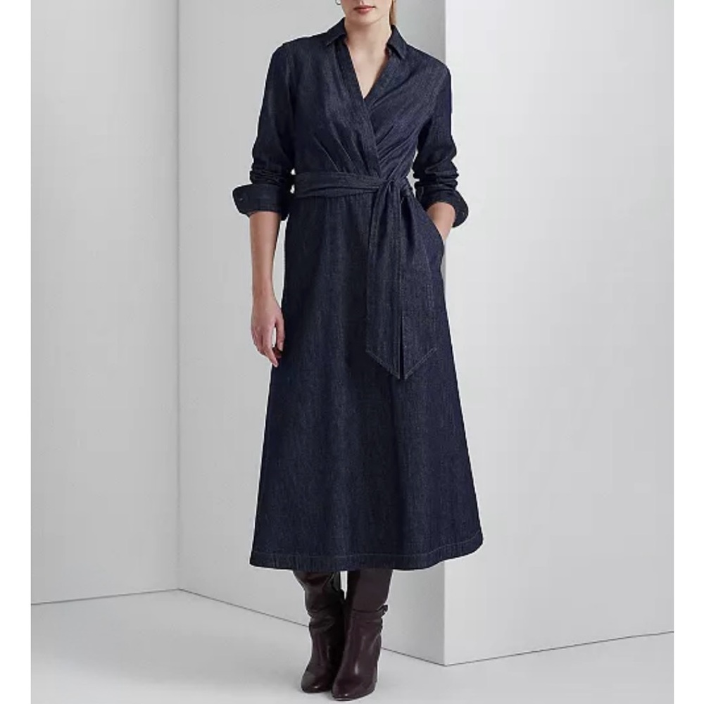 Lauren Ralph Lauren Self-Belt Long-Sleeve Denim Surplice Midi Dress